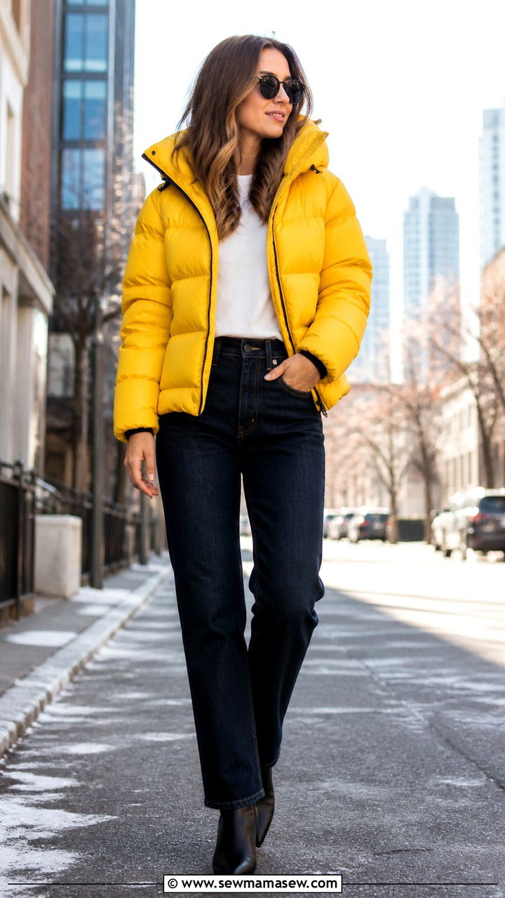 Canary yellow puffer jacket with dark denim - 40 Puffer jacket outfit ideas