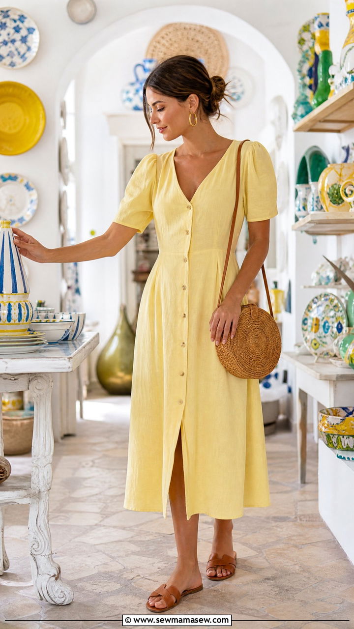 Cannoli yellow button front midi dress with tan leather sandals - 25 Capri vacation outfit ideas