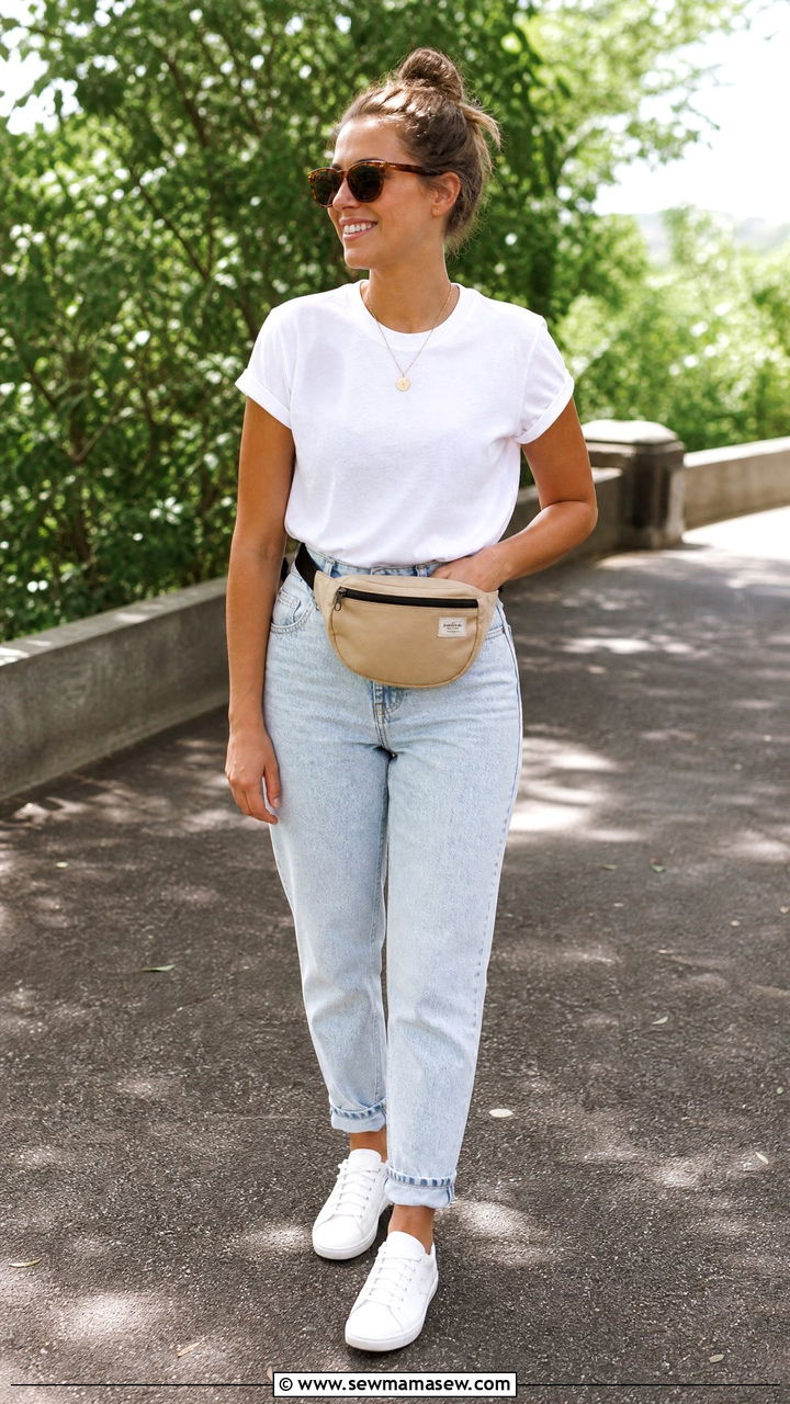 Canvas Fanny Pack with High Waisted Jeans and White Tee - 30 Fanny pack outfit ideas