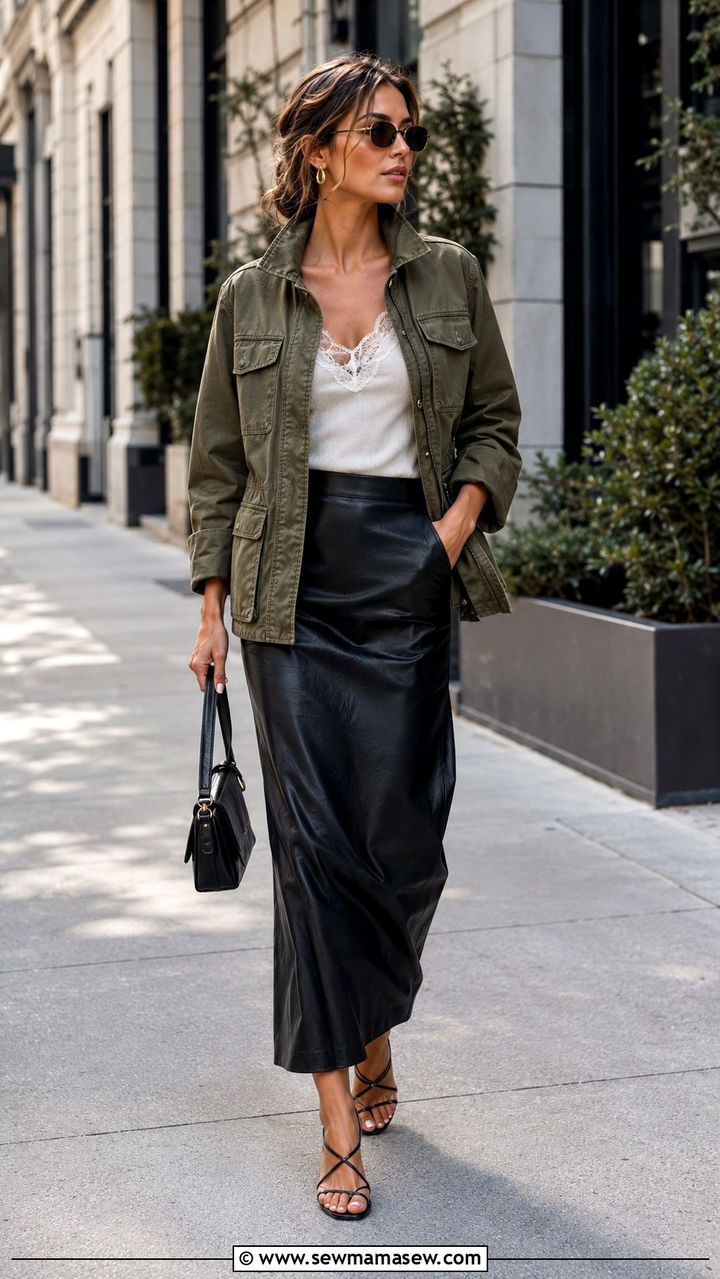 Canvas Field Jacket with Leather Column Skirt and Heeled Sandals - 30 transitional street style outfits