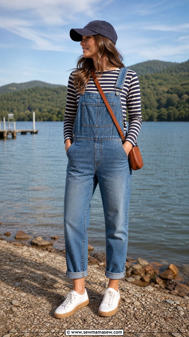 Canvas Sneakers with Denim Overalls and Striped Tee - 30 summer sneaker outfit ideas