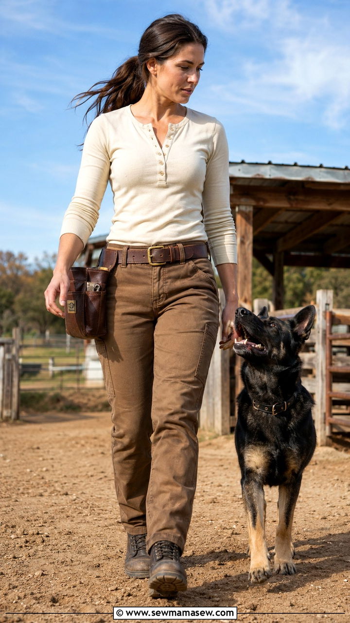 Canvas pants and henley shirt rugged dog trainer outfit - 30 Dog trainer outfit ideas