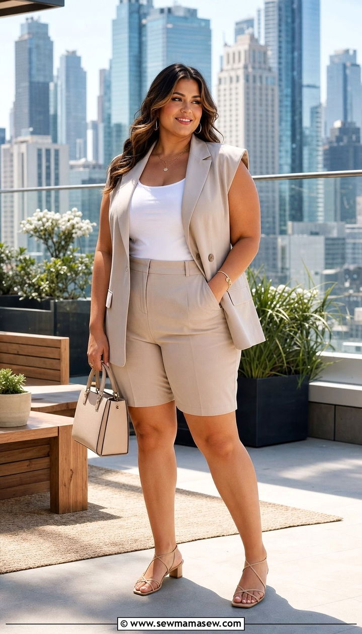 Cap Sleeve Blazer and Matching Tailored Shorts Outfit - 35 Business casual outfits for curvy women