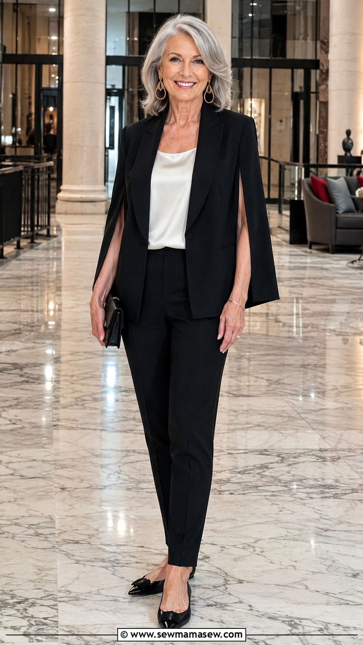 Cape Blazer With Slim Pants - 30 Night out outfit ideas women over 60