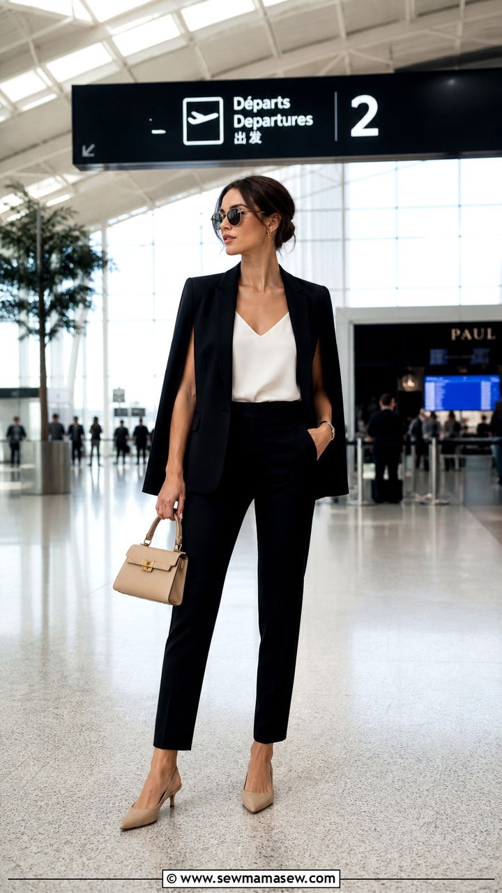 Cape Blazer and Slim Trousers with Kitten Heels Airport Outfit - 40 Chic airport outfits