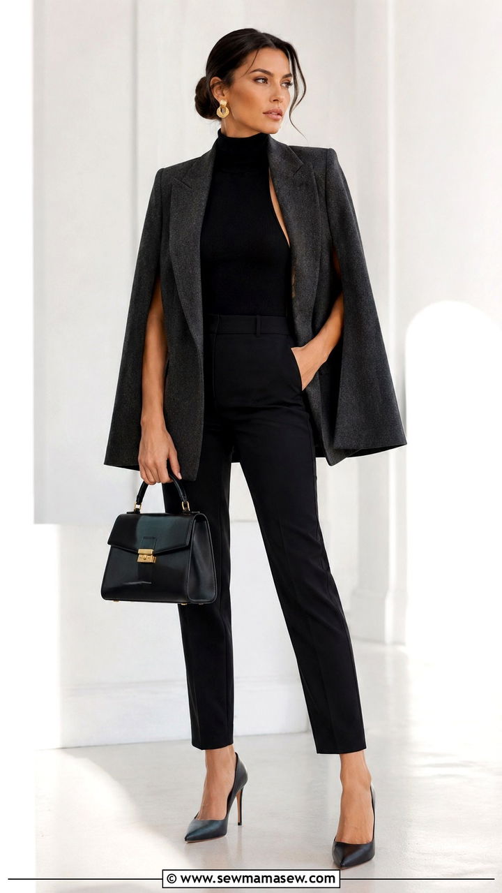 Cape Blazer with Fitted Trousers and Pointed Toe Pumps - 30 Shoulder season outfit ideas