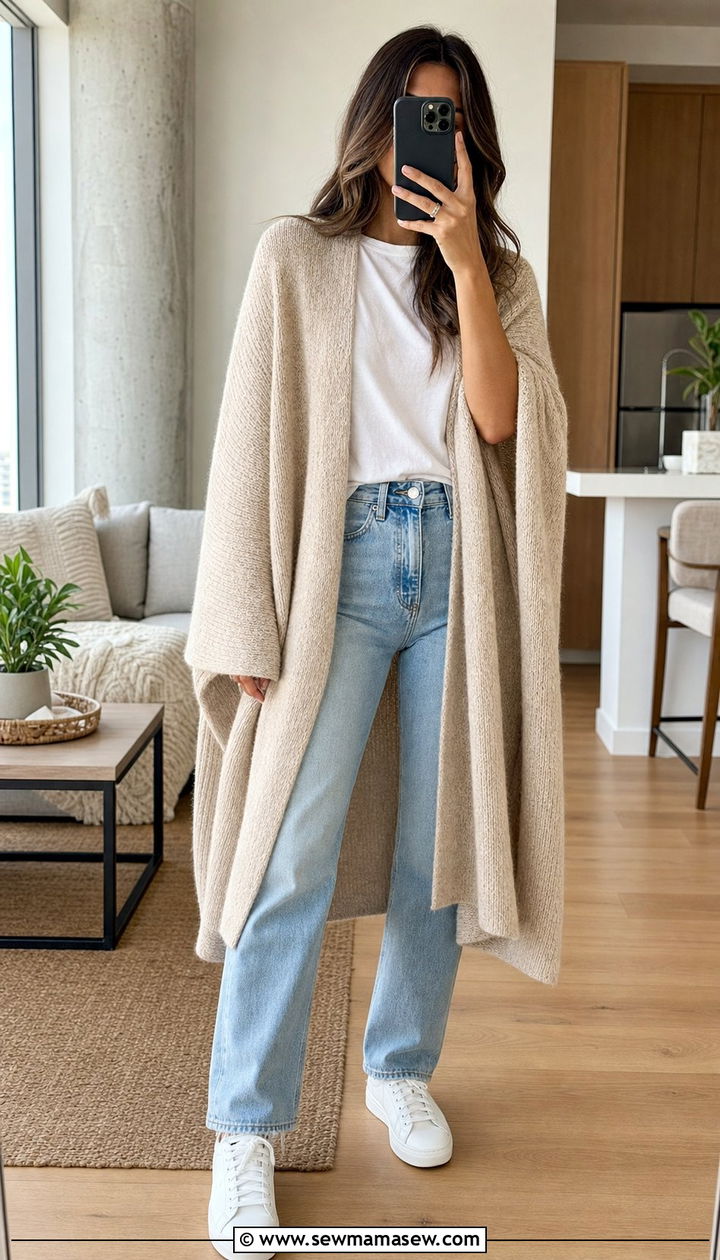 Cape Cardigan With White Tee And Sneakers - 35 Cape outfit ideas