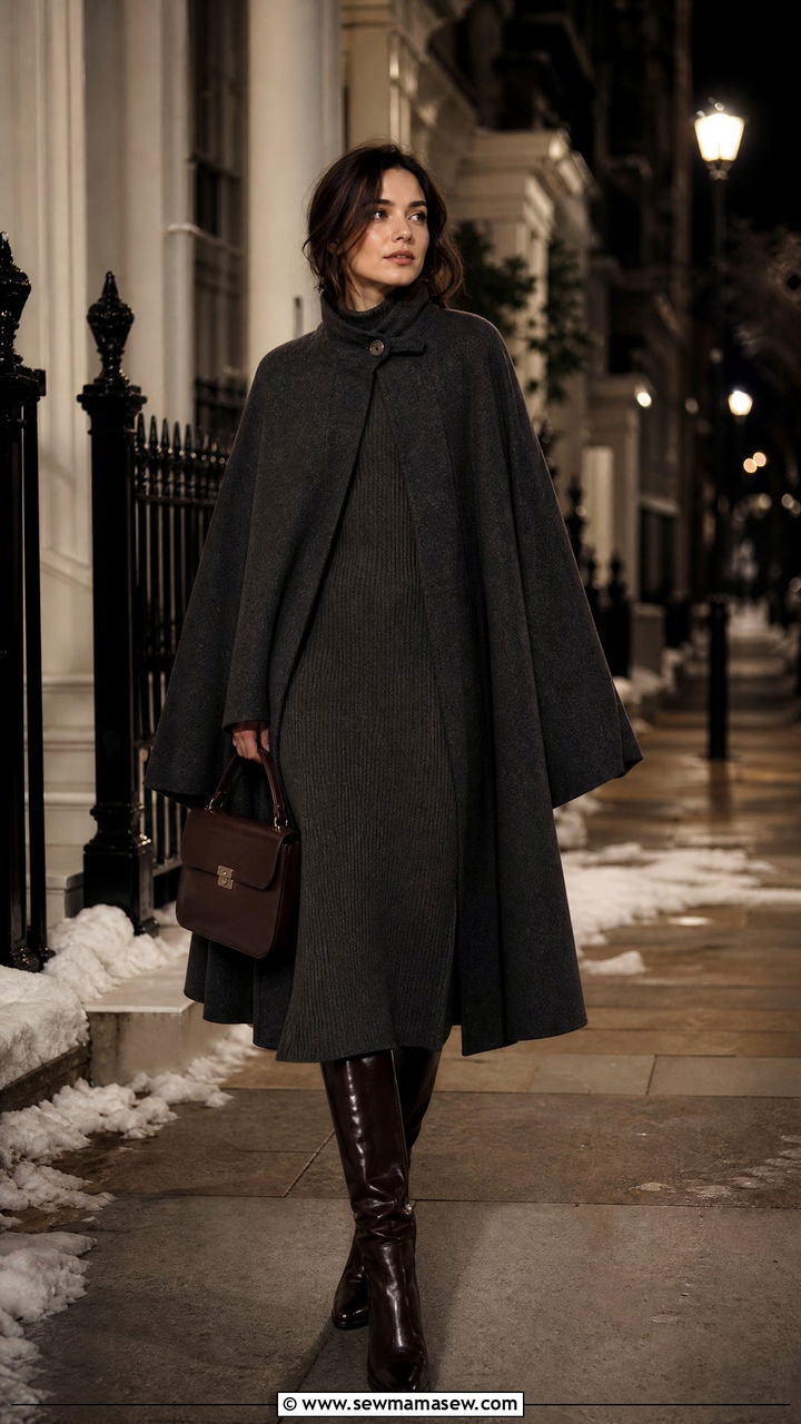 Cape Coat Knit Dress And Knee High Boots - 25 poetcore outfits