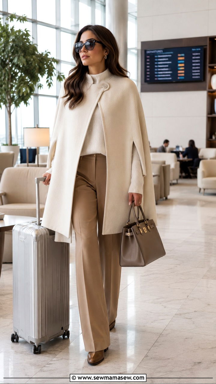 Cape Coat Layered Over Cashmere Sweater and Trousers - 25 Quiet luxury outfit ideas for travel