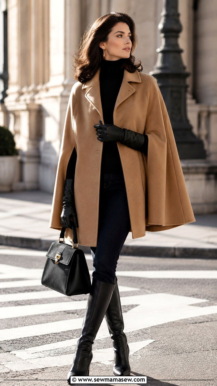 Cape Coat With Dark Skinny Jeans And Leather Gloves - 20 Old money outfit ideas Jackie Kennedy
