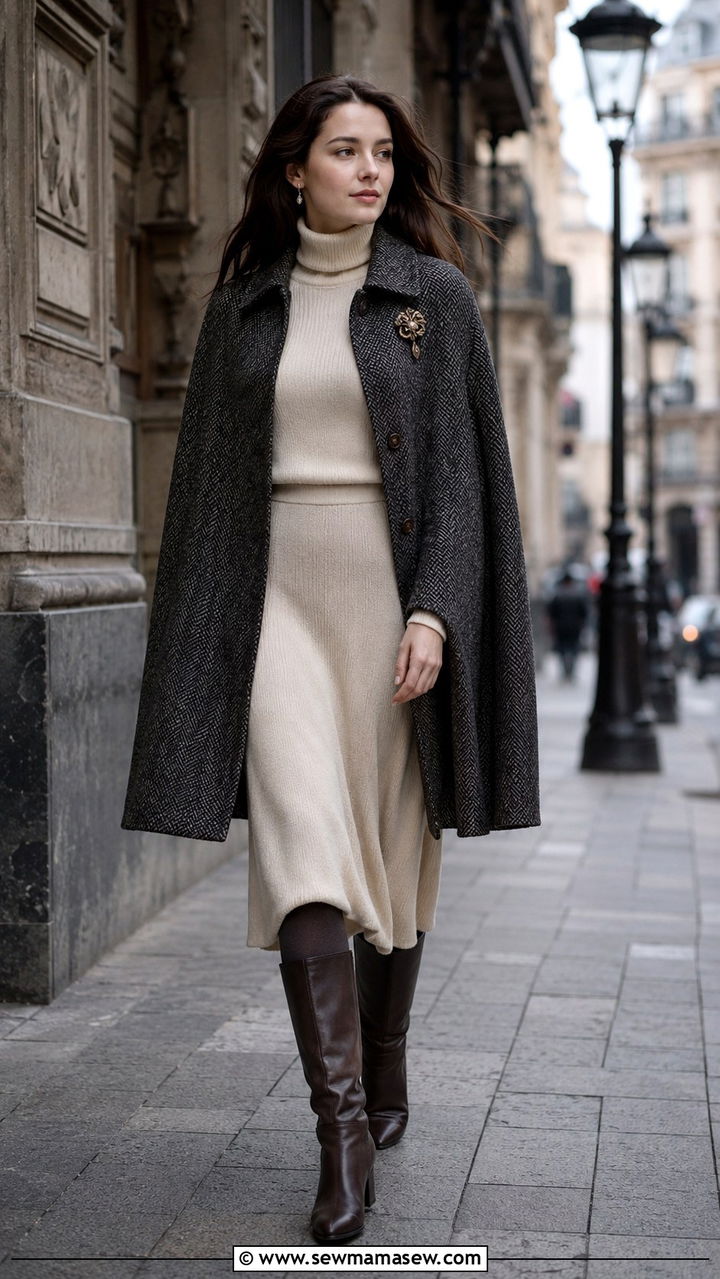 Cape Coat With Turtleneck And Midi Dress - 25 Poetcore outfit ideas