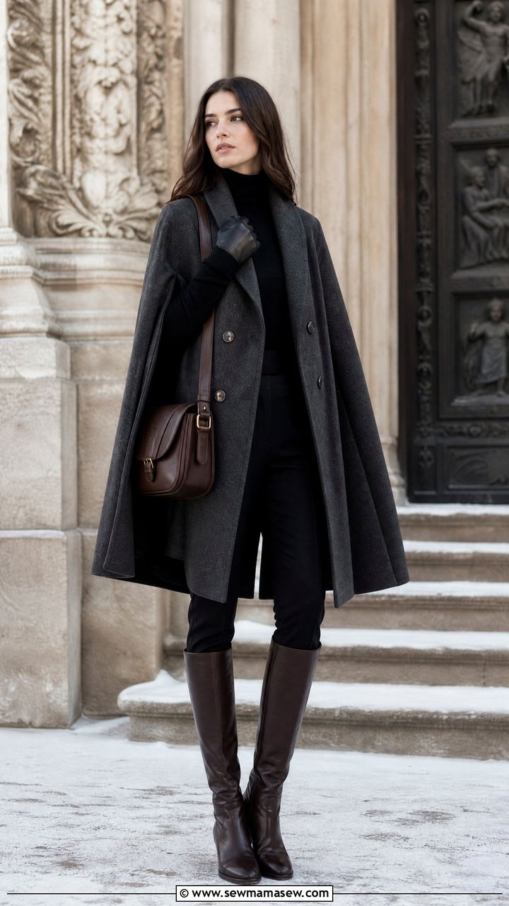Cape Coat With Turtleneck And Tailored Trousers - 25 poetcore outfits inspo