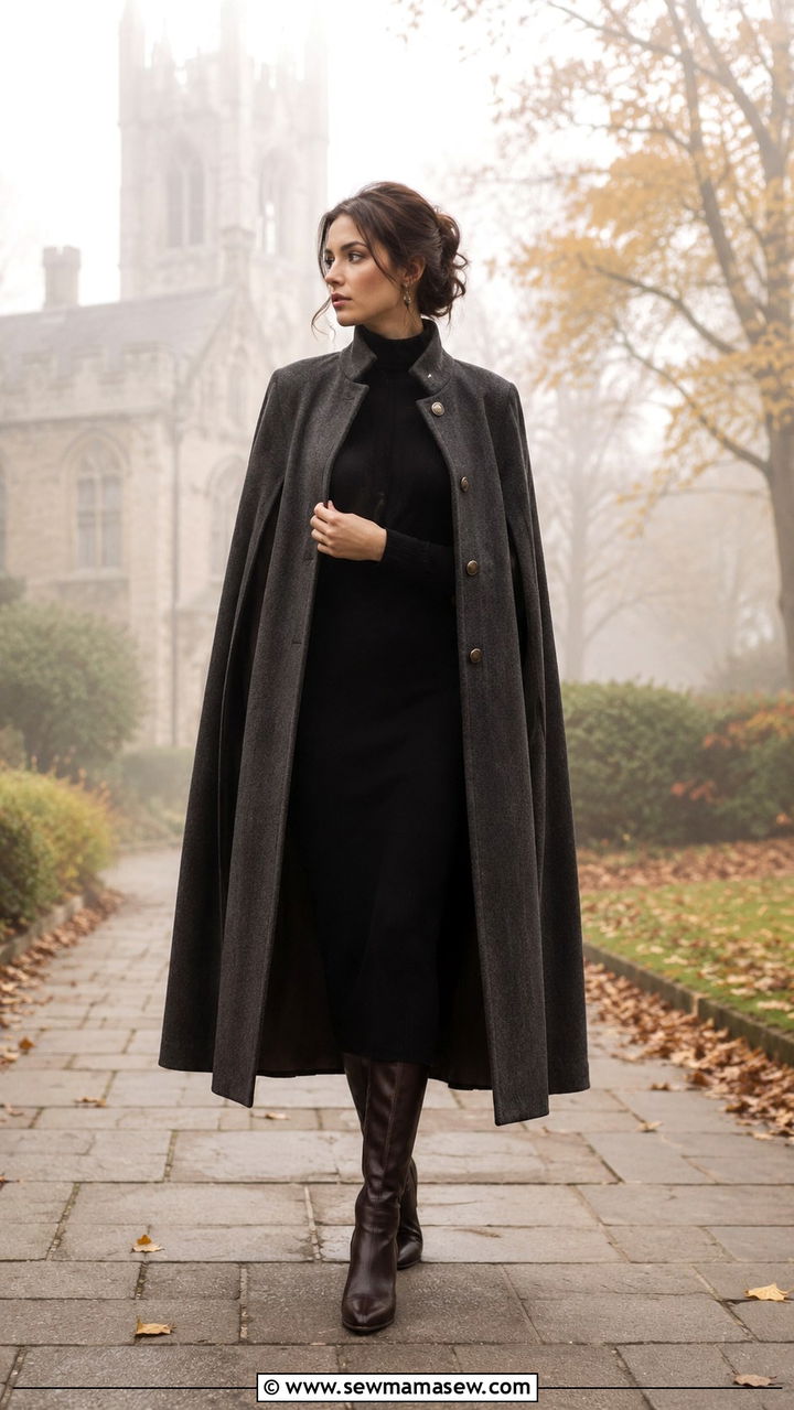 Cape Coat and Fitted Midi Dress - 30 Romantic academia outfit ideas