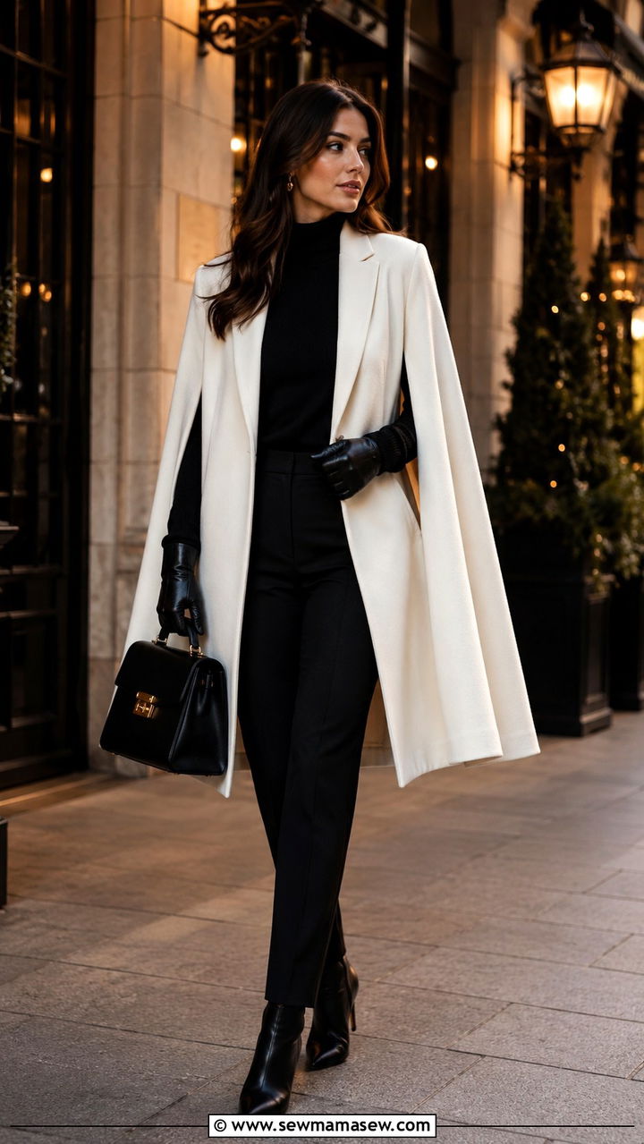 Cape Coat and Tailored Pants - 30 old money outfits to copy