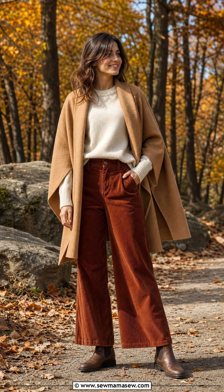 Cape Coat with Corduroy Pants and Chelsea Boots - 35 Cape coat outfit ideas
