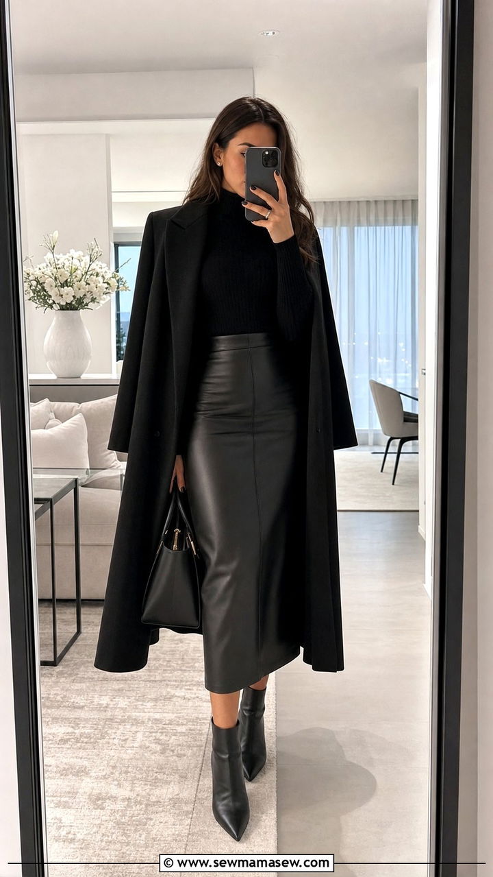 Cape Coat with Faux Leather Skirt and Turtleneck - 35 Cape coat outfit ideas