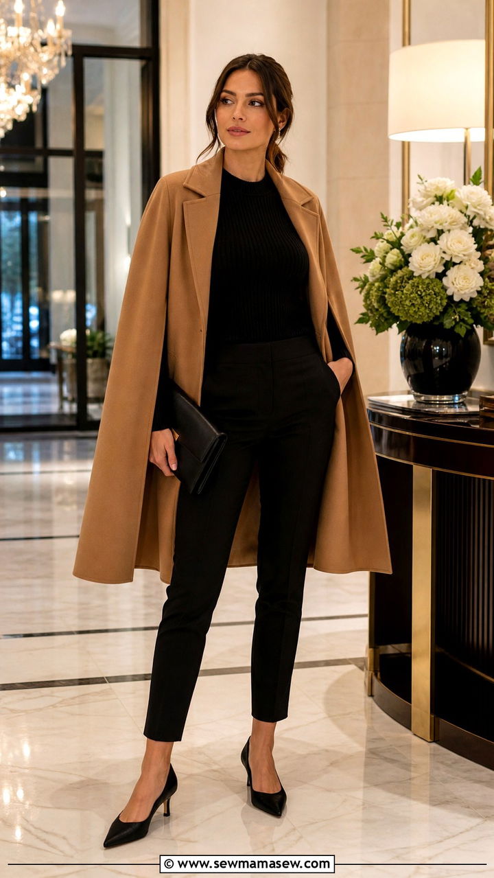 Cape Coat with Fitted Knit and Slim Trousers - 40 transitional outfits