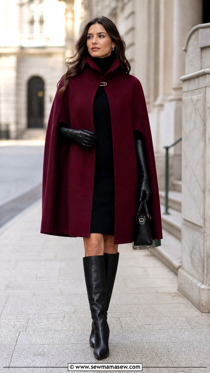 Cape Coat with Leather Gloves and Knee High Boots - 40 rainy day outfits