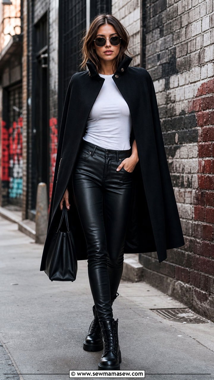 Cape Coat with Leather Pants and Chunky Boots - 35 Cape coat outfit ideas