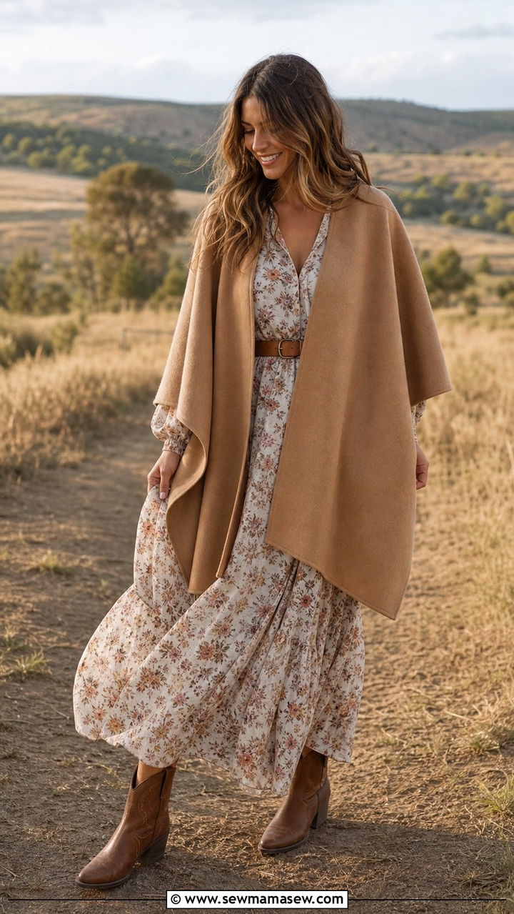 Cape Coat with Maxi Dress and Western Boots - 35 Cape coat outfit ideas