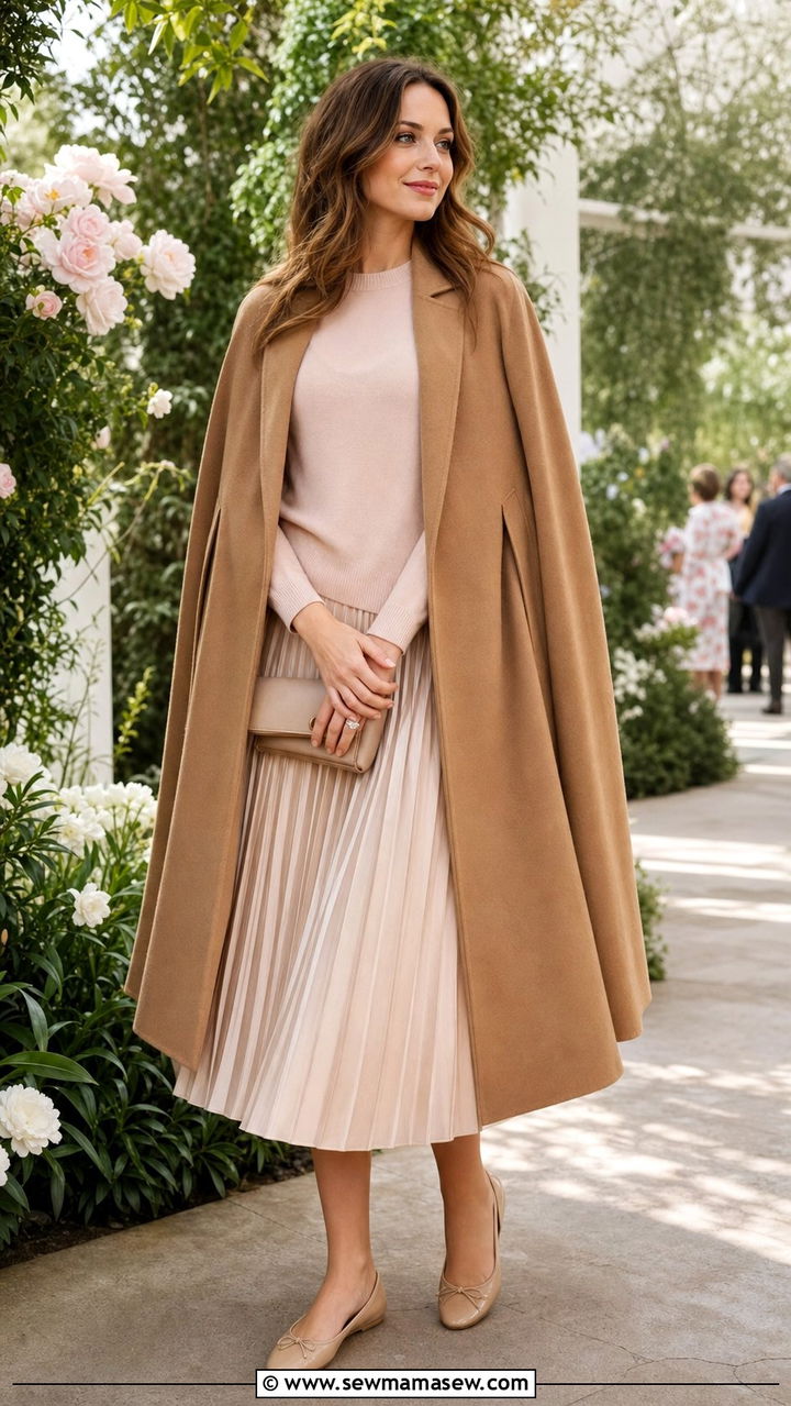 Cape Coat with Pleated Midi Skirt and Ballet Flats - 35 Cape coat outfit ideas