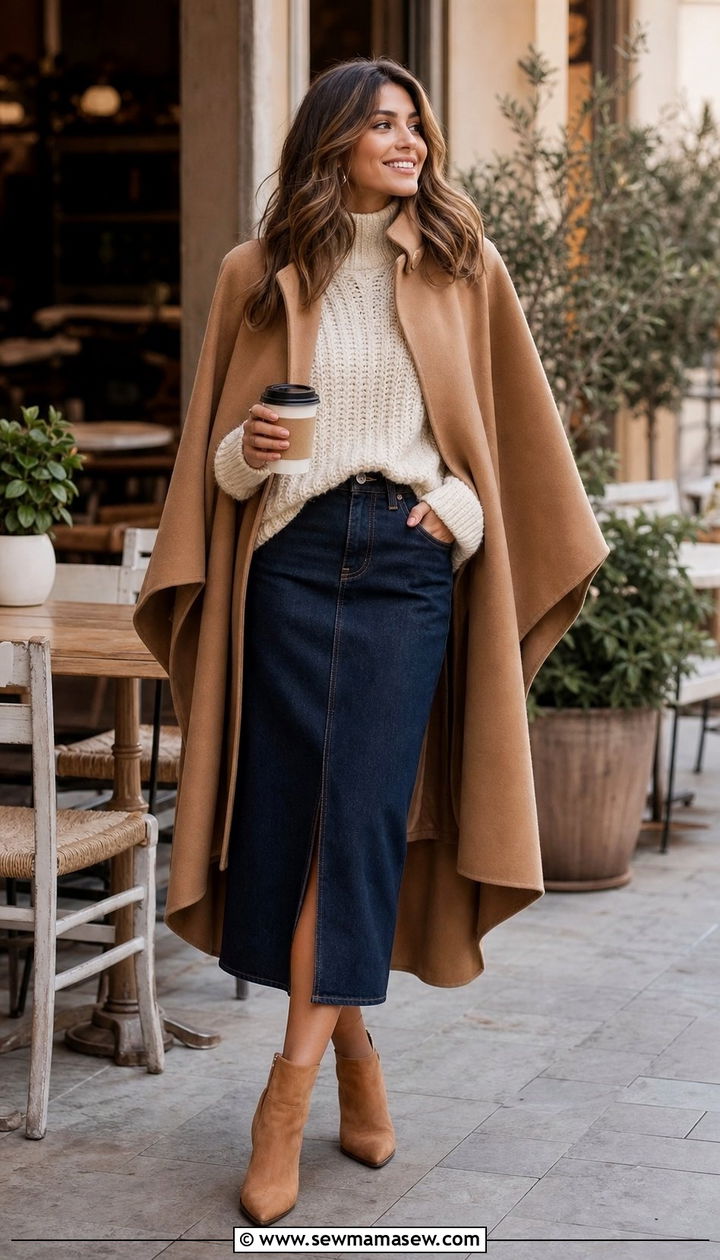 Cape Coat with Sweater and Denim Skirt Combo - 35 Cape coat outfit ideas