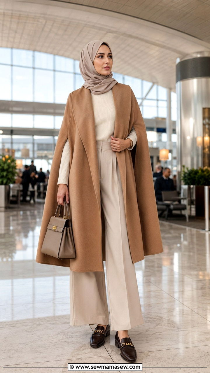 Cape Coat with Tailored Trousers and Leather Loafers - 30 Modest outfit ideas for airport