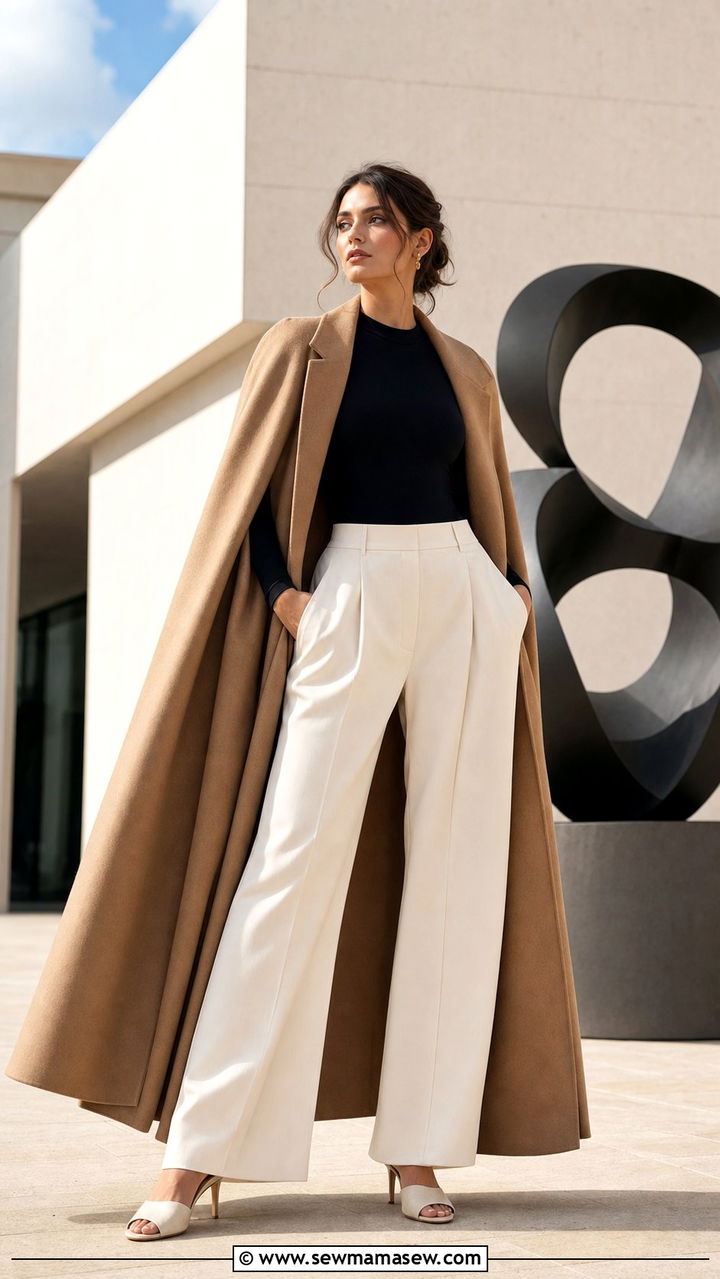 Cape Coat with Wide Leg Pants and Heeled Mules - 35 Cape coat outfit ideas