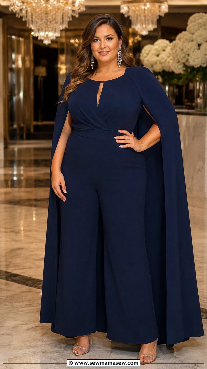 Cape Jumpsuit With Crystal Earrings - 30 Plus size outfit ideas for wedding guest