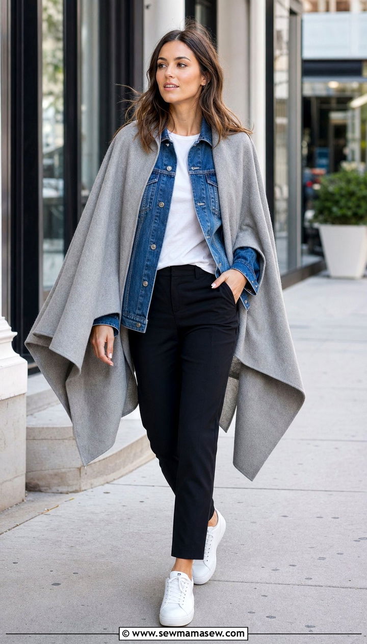 Cape Layered Over A Denim Jacket - 35 Cape outfit ideas