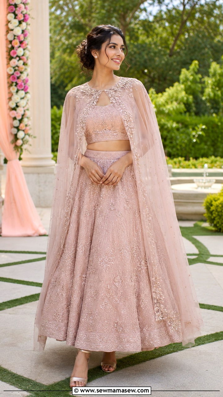 Cape Lehenga With Minimal Jewelry - 20 Wedding guest outfit ideas Barat ceremony