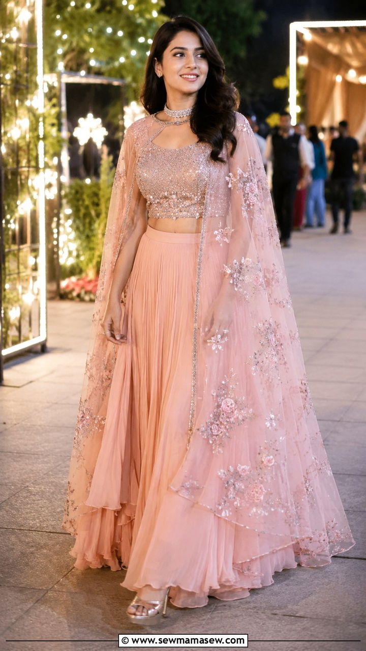 Cape Lehenga for Sangeet Ceremony - 25 Wedding guest outfit ideas Sangeet ceremony