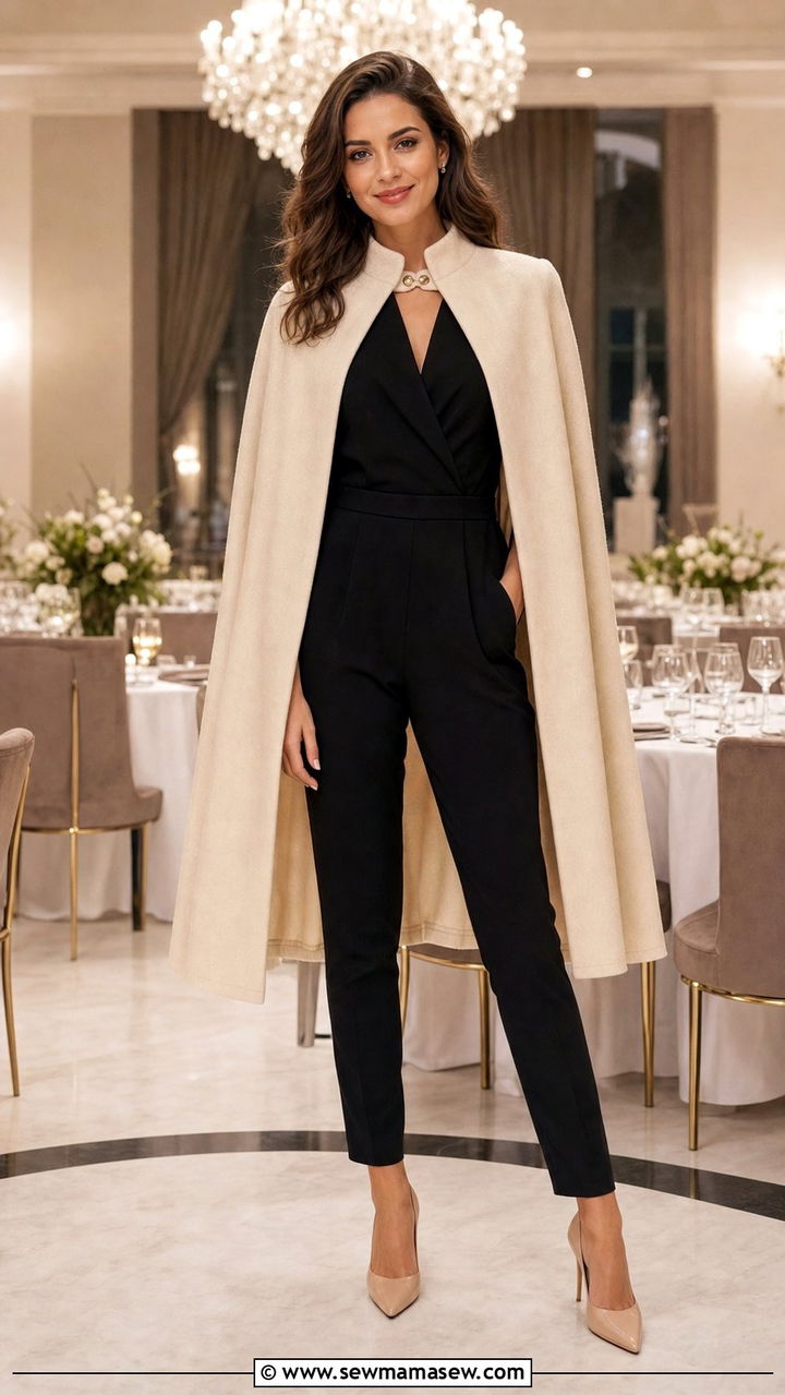 Cape Over A Jumpsuit With Heels - 35 Cape outfit ideas