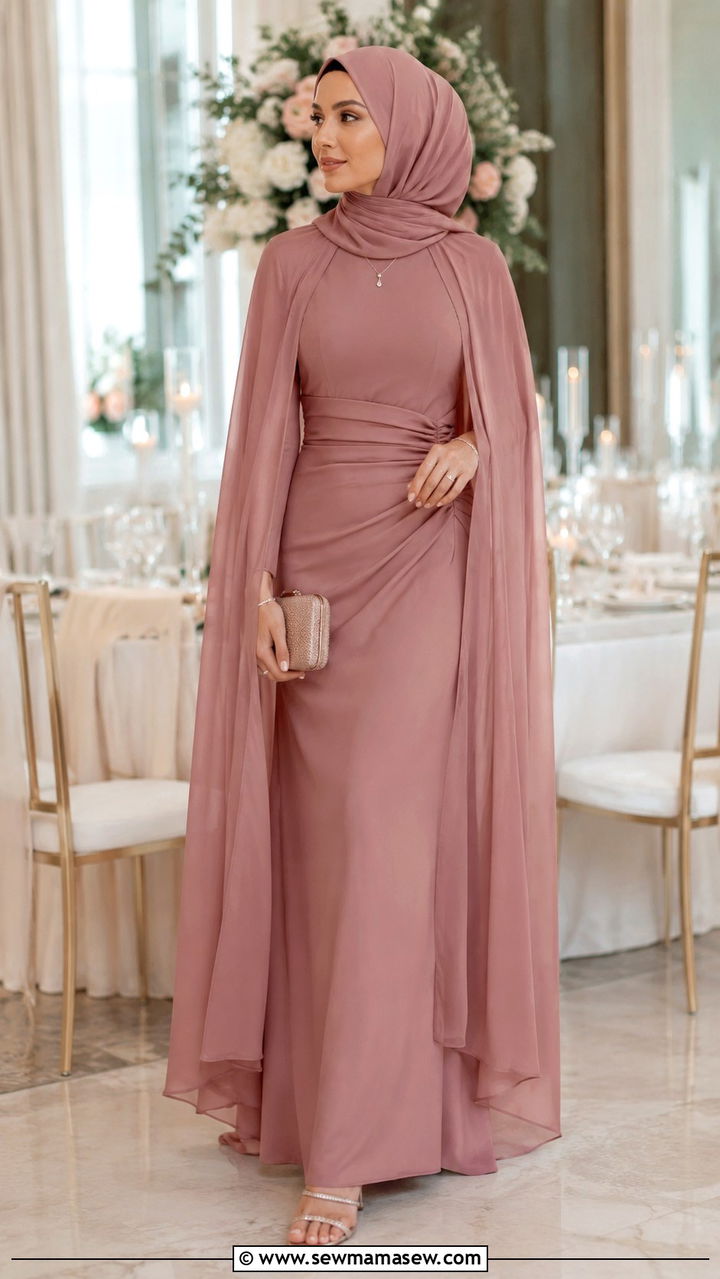 Cape Overlay Floor Length Gown - 30 Modest wedding guest outfit ideas for Muslim women