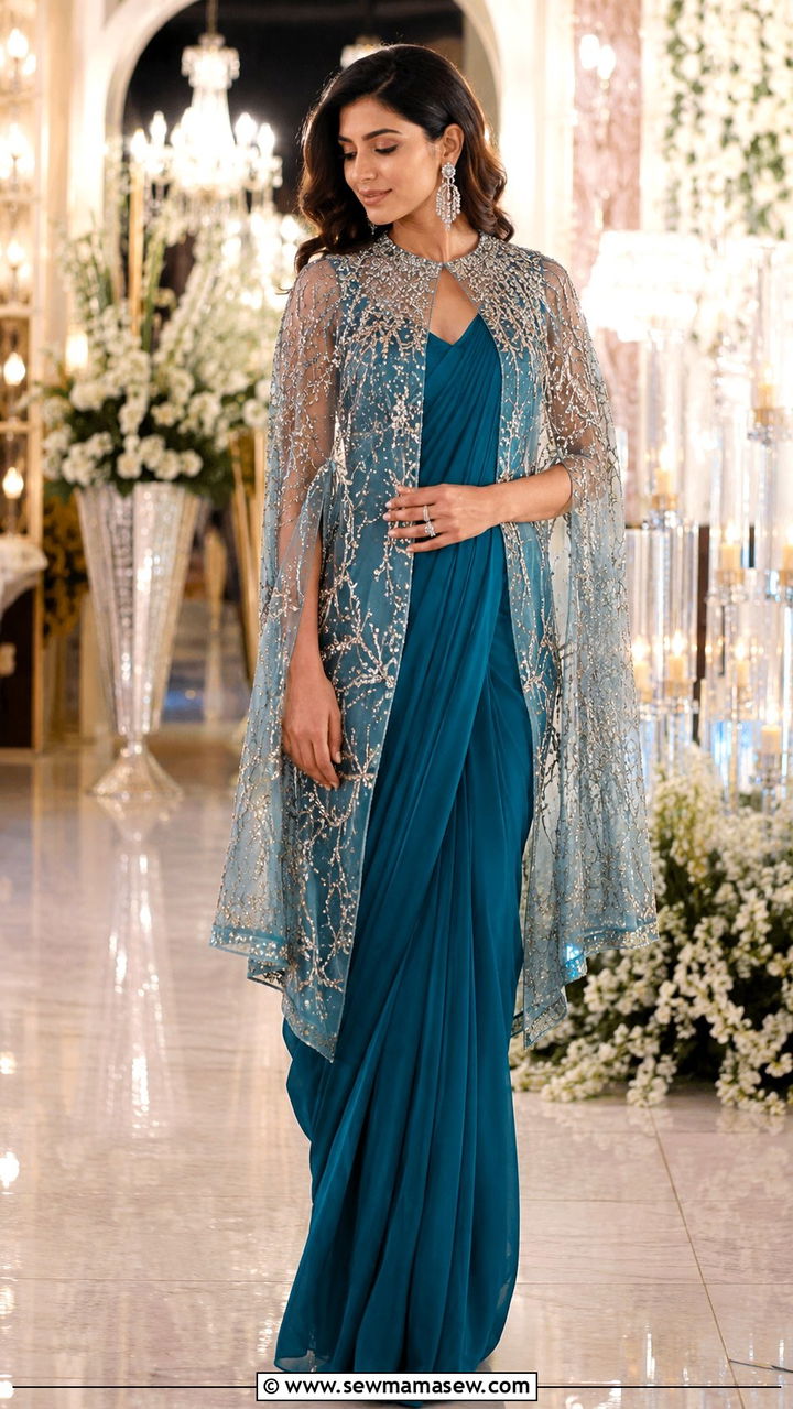 Cape Saree for Sangeet Ceremony - 25 Wedding guest outfit ideas Sangeet ceremony