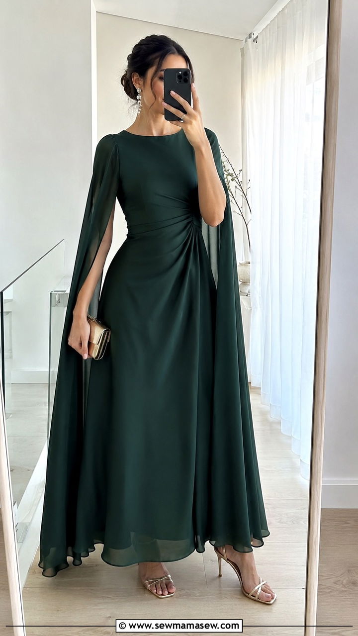 Cape Sleeve A Line Dress With Heeled Sandals - 25 Wedding guest outfit ideas apple shape