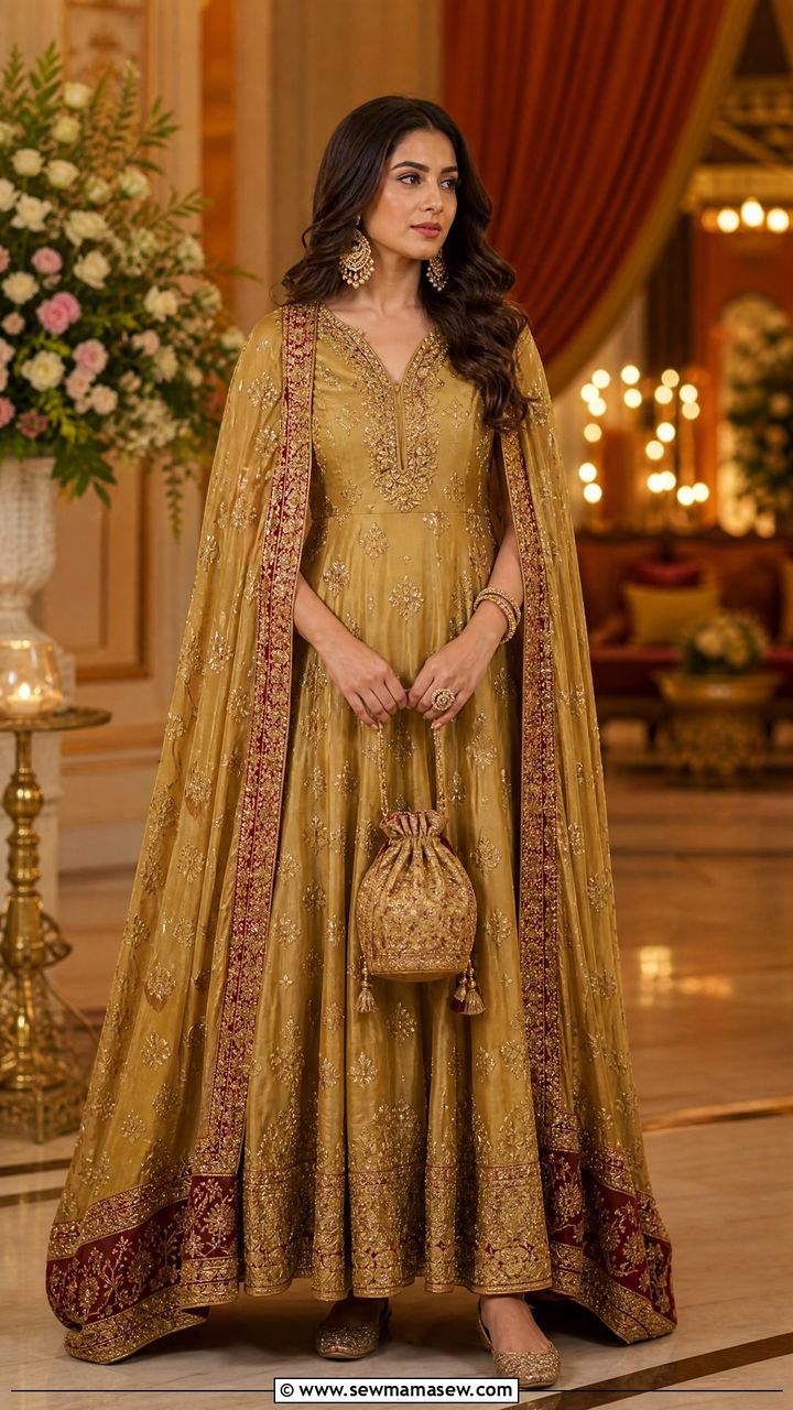 Cape Sleeve Anarkali Suit - 20 Wedding guest outfit ideas with cape sleeves