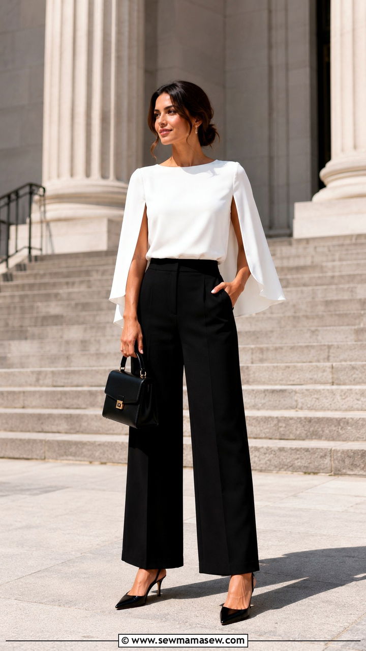 Cape Sleeve Blouse With Wide Leg Trousers - 20 Wedding guest outfit ideas with cape sleeves