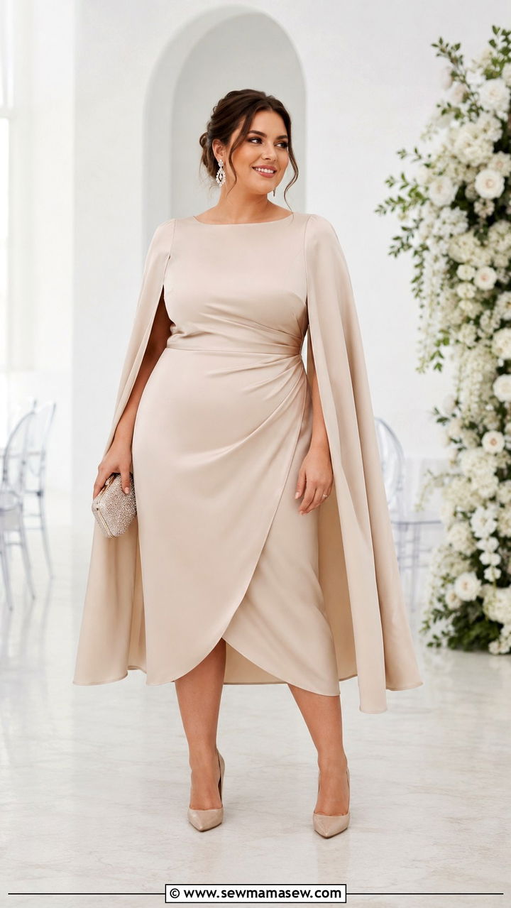 Cape Sleeve Dress With Statement Earrings - 25 Wedding guest outfit ideas for plus size mom