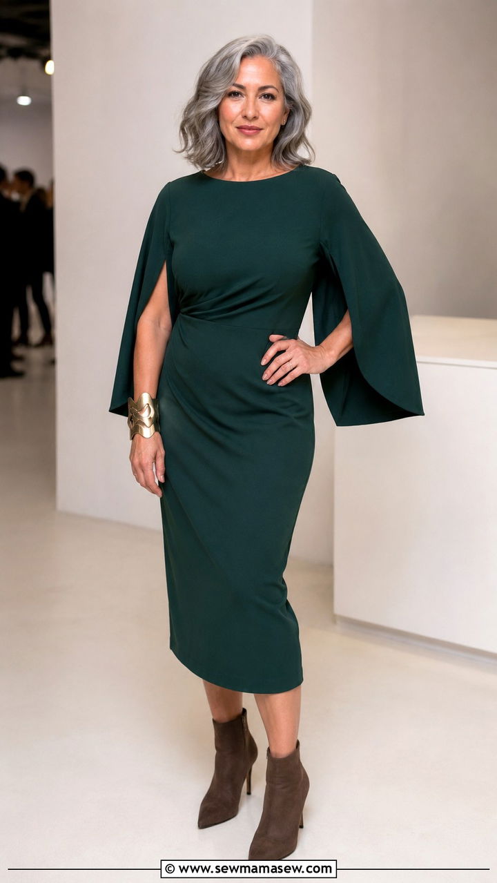 Cape Sleeve Dress and Ankle Boots for Pear Shape - 20 Outfit ideas for pear shape over 50