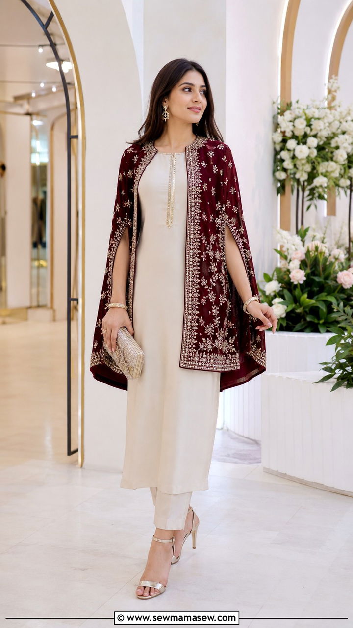 Cape Sleeve Dress for Dholki - 20 Wedding guest outfit ideas Dholki