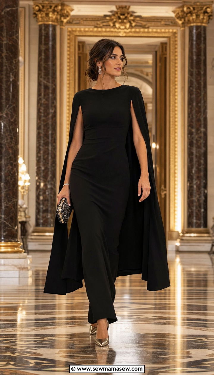 Cape Sleeve Gown With Embellished Clutch - 35 Black tie wedding guest outfits