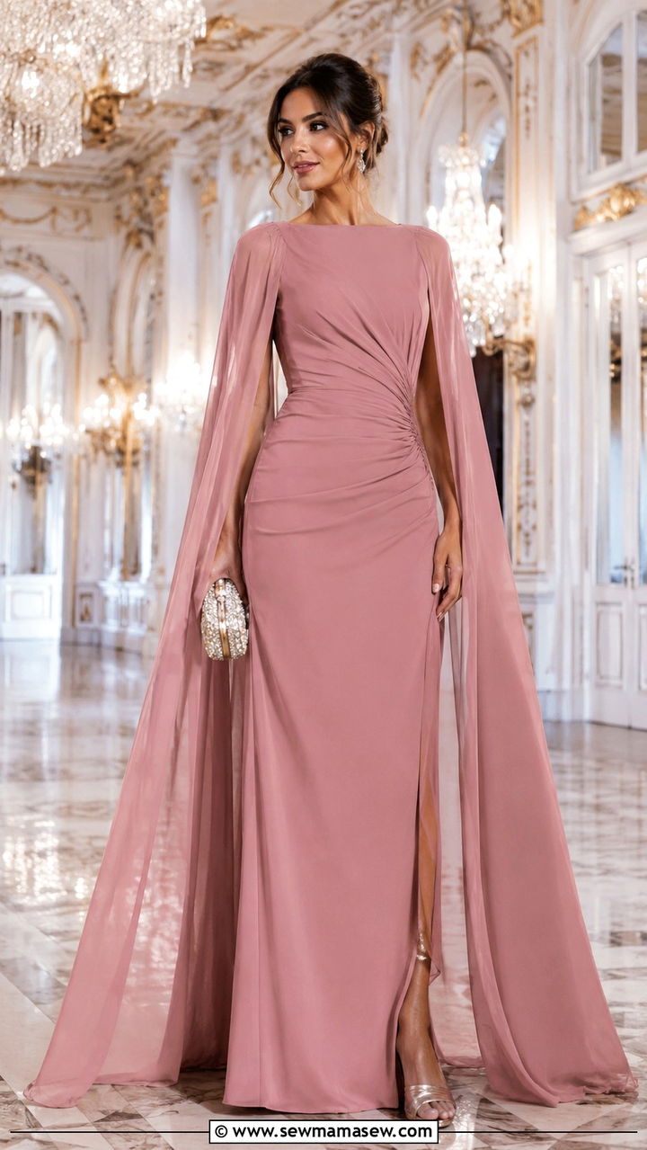 Cape Sleeve Gown With Minimal Sandals - 30 romantic outfits 2026