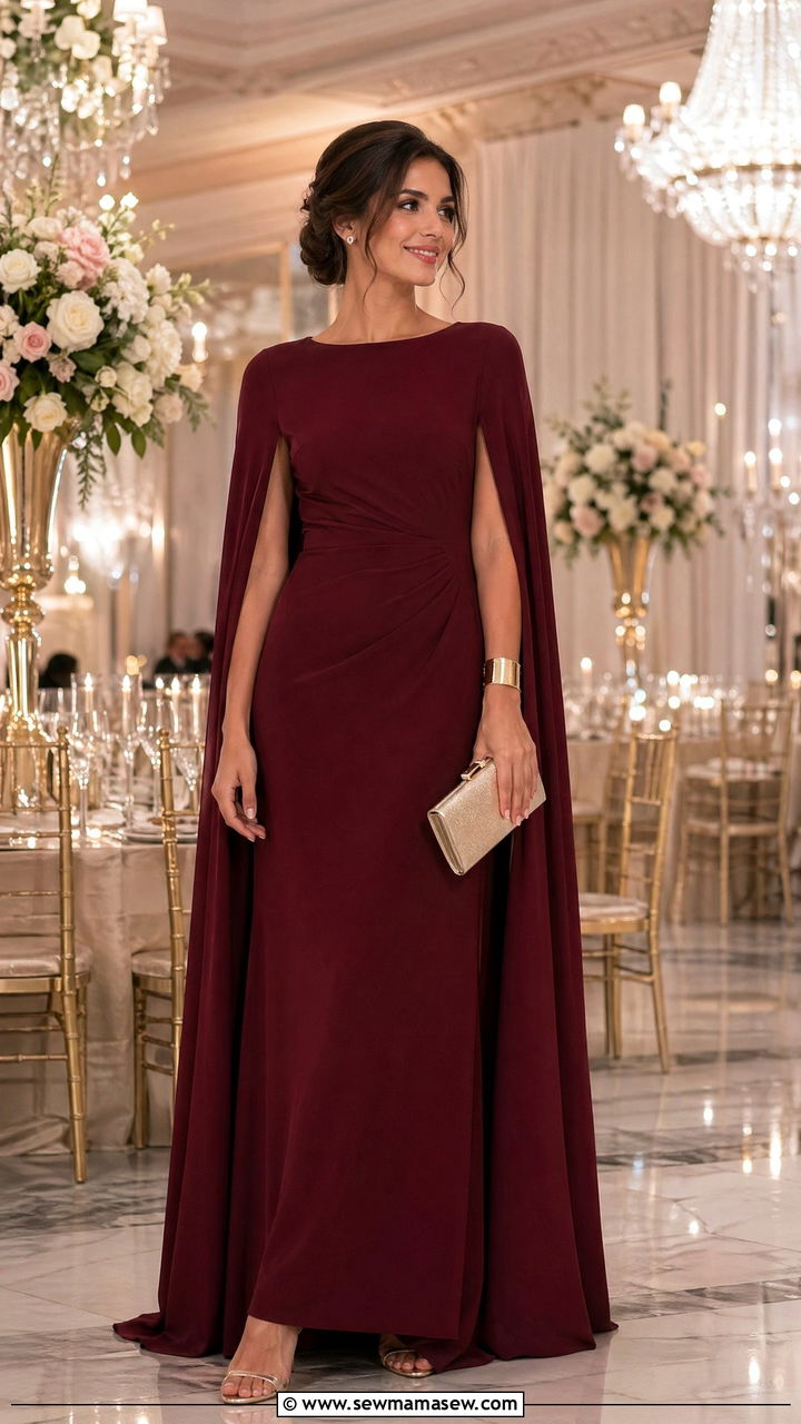 Cape Sleeve Gown with Minimalist Jewelry - 35 Evening wedding guest outfits