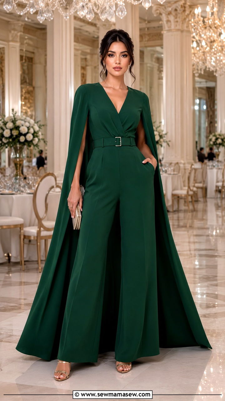 Cape Sleeve Jumpsuit With Metallic Heels - 30 Party outfits for pear shape