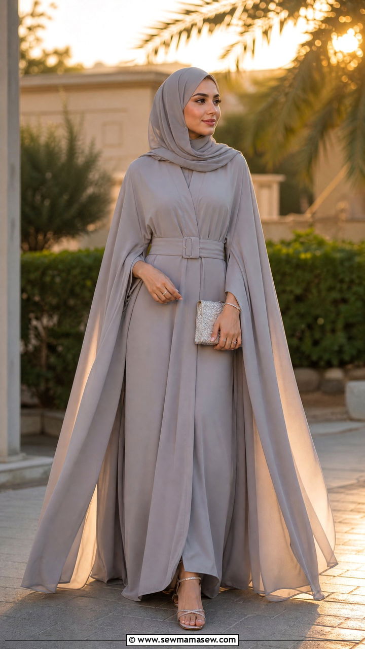 Cape Style Abaya with Chiffon Hijab and Belt - 30 Eid outfit ideas with hijab