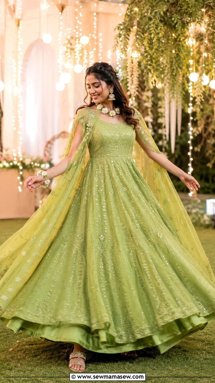 Cape Style Anarkali Lehenga in Parrot Green - 25 Wedding guest outfit ideas Mehndi ceremony