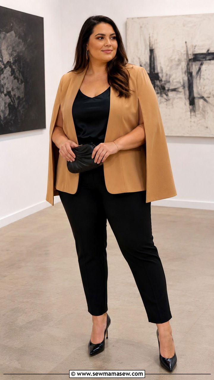Cape Style Blazer With Skinny Trousers - 30 Plus size outfit ideas with blazer
