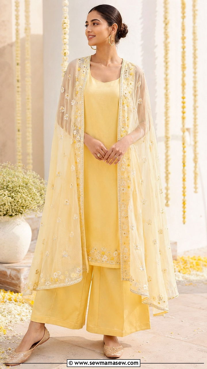 Cape Style Kurta With Flared Palazzos And Minimal Jewelry - 20 Wedding guest outfit ideas Haldi ceremony