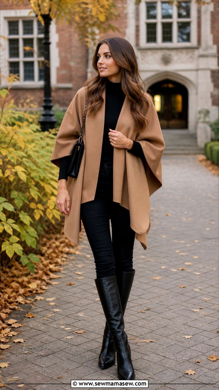 Cape Style Poncho with Skinny Jeans and Knee High Boots Outfit - 40 First day of school outfit ideas 2026